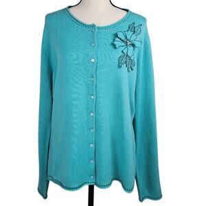 White Stag Cardigan Sweater Womens Large Teal Floral Button Front Knit Cottage